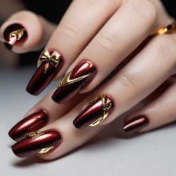 sharper shape with like a dark brown red color with a simple design that's easy for beginners some 3d builder gel art with gold chrome maybe a bow
