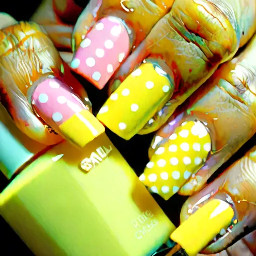 Pinky nail pastel yellow French tip ring finger pastel yellow French tip with white bow middle finger pastel yellow with white polka dots pointer finger pastel yellow French and similar for thumb show full hand