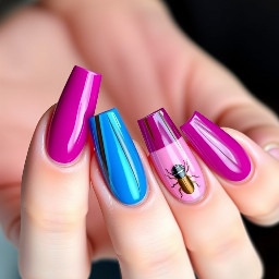 Make design for long ballerina/coffin shaped acrylic nails for Noah kahan concert.(can include various shades and vibrancy) colors that are mainly wanted:magentas,blues,reds,browns,pinks,silver chrome. Minor colors open to (deep vibrant purple,pale yellow,pale green or vibrant green,bright orange or various orange shades,peach. (You do not have to use all colors listed just what looks best).stripes vertical,horizontal stripes,gingham,horse,star,ladybug or dragonfly maybe beetle.