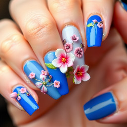 A deep royal blue and baby blue nails with 3d flowers and exotic nail art