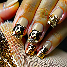 Light beige nails. Gold glitter on the tips. A teddy bear face on the ring finger