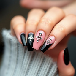 Dyouin style nails, black and pink (like pink base) colour, elegant, soft, use rhine stones