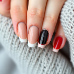I have white, brown, tan, black, nude, red, wine red, and light pinkish orange color gel polish and I need a simple set made with some of the colors not all of them and the ring finger to be a French tip for an initial