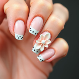 black polka dots on white french tips on all five fingers the base is milky pinky nude my ring finger has a 3d flower the ends of thepetals are white with polka dots on the tips of the petals and on the middle going down the petals are pinkier and for the middle of the flowerthere are three folden little balls.