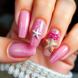 vacation nails with pretty pinks, glitter, 3d nail art, starfish, flowers, and ombre