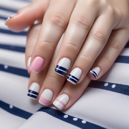 Some white and navy stripes, pointer and ring finger cute French dip, middle horizontal stripes pinky polkadots, and any other few colors that you