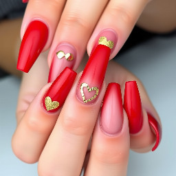extra long red nails with gold heart shapes on them