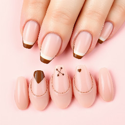 Create ONE complete press-on nail set of 10 individual nails, displayed separately in two neat rows of five on a soft blush pink background, like a Pinterest nail artist inspiration photo.  The set is a glossy short-to-medium almond shape. The base is sheer pink/neutral. Use a mix of chocolate brown and white French tips, tiny brown and white polka dots, and a few subtle gold accents. Include one or two nails with a delicate brown outline French, one with a small brown heart, and one with a simple brown-and-white dot pattern.  The overall look is preppy, feminine, clean, and elevated, like a cute teenage girl’s Pinterest manicure. Keep the designs coordinated but not identical. No flowers on every nail. No butterflies, rainbows, smiley faces, cartoon characters, bright green, or childish graphics. No hands, no fingers, no text, no watermark. Make the nails look like real press-on tips that an intermediate nail tech could recreate.