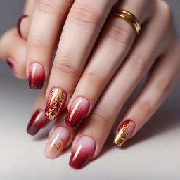 very light pink base gradient to deep red, with golden flakes on the tips