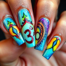 long square nails- ring finger must have OM sign, for the rest of the fingers you can freestyle. requirements- goa trance vibe, shivadelic vibe.