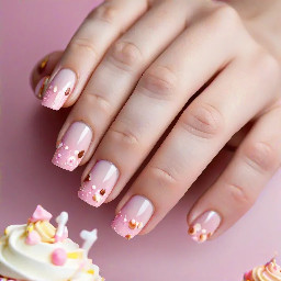 A crisp, detailed close-up photo of a teenager's hand showing off a fresh manicure. The nails are short, almond-shaped with a sheer milky pink base. Must incorporate 14 and cupcakes. Birthday nails.