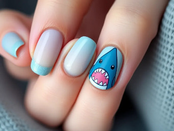 Short round nails with light blue french tips and shimmery nails. The ring finger is a cute, cartoon shark which its teeth as the bottom of the same light blue french as the other nails.