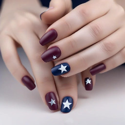 Burgundy nails with navy blue ring finger with white star outline