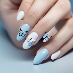 Create an almond pastel blue with white and a 3d butterfly on the ring finger