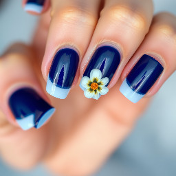navy blue bit of crome and french tips with a simple flower for summer and acrilic