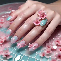 Dreamy pink liminal pool aesthetic.   Can you explain what the set would look like   Absolutely! This photo gives me a dreamy liminal spa pool vibe—soft pink lighting, glossy white tile, glowing water reflections, and cascading cherry blossoms. I'd lean into a mix of liminal space, fairycore, and luxury spa aesthetics.  Shape & Length Medium-long almond or coffin  High-gloss "wet look" top coat  Milky translucent pink base  Left Hand Thumb – Pool Reflections  Iridescent aqua chrome over a sheer pink base  Wavy white lines mimicking water ripples  Tiny aurora flakes for the glow effect  Index – Cherry Blossom Arch  Soft pink ombré  Hand-painted cherry blossom branches climbing from the cuticle  Small crystal accents as flower centers  Middle – Accent Nail  Transparent jelly pink  White tiled grid pattern like the walls in the photo  Glossy raised gel to make the tiles look realistic  Ring – Liminal Waterway  Gradient from aqua to pink  Reflective chrome streak down the center representing the pool  Tiny pearl near the cuticle  Pinky – Blossom Petals  Sheer pink base  Scattered cherry blossom petals floating downward  Right Hand Thumb – Aurora Water  Aqua iridescent chrome  Jelly effect with holographic flakes  Index – Floral Tunnel  White arch outline  Cherry blossoms draping from the top corners  Subtle pink glow airbrushed behind the arch  Middle – Main Accent Nail  Full 3D cherry blossom cluster  Pink rhinestones and pearls  The most detailed nail in the set  Ring – Spa Tile  Glossy white tiled design  Tiny iridescent shimmer between "grout lines"  Looks like the pool walls  Pinky – Reflections  Soft aqua shimmer  Thin pink chrome waves across the nail  Colors 🎀 Cherry blossom pink 🩵 Iridescent aqua/mint water tones 🤍 Glossy white tile details ✨ Aurora chrome powder 🌸 Tiny pearls and crystals  The finished set would feel like walking through a secret underground cherry blossom pool at midnight, with glowing water reflecting pink flowers onto white marble walls