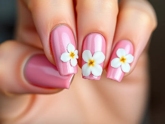 pink chrome nails on soft squares somewhat short length with white flowers
