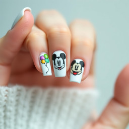 White French tip with Disney balloons on ring finger and Micky heads on middle finger