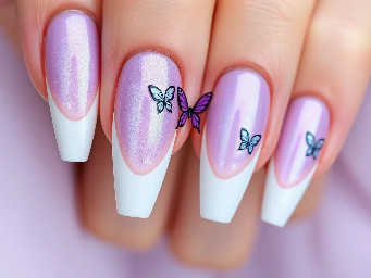 Short Ballerina Shinobu Kocho Cat Eye French Tip Nails — Elegant short ballerina-shaped nails inspired by Shinobu Kocho from Demon Slayer. Each nail features a mesmerizing magnetic cat-eye effect in an iridescent lavender-to-violet gradient with subtle hints of teal and pearl shimmer. Crisp white French tips are softly blended with delicate butterfly-wing accents outlined in black, echoing Shinobu's iconic haori pattern. Fine holographic glitter, tiny rhinestones, and subtle chrome details add a magical touch, while the overall look remains delicate, feminine, and sophisticated with a glossy salon-quality finish. The design captures Shinobu's graceful, ethereal aesthetic with a modern cat-eye French manicure.