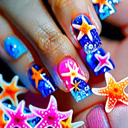 Summer nails starfish flowers blooming gel blue/oeange/pink