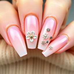 almond gradient long french nails that are pink with 3d flower charms that is elegant