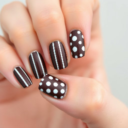 dark brown base with white vertical stripes or every other nail, and white polka dots on the others