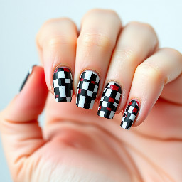Black and white checked with red accents