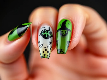 Create a spooky Halloween set that is witch themed on stiletto nails but very trendy