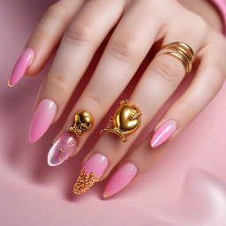 Long length pink clear acrylic base with modern gold french tips on the thumb, pointer finger and pinky. On the middle finger a gold 3d balloon in the shape of a 1. On the ring finger a gold 3d balloon in the shape of an 8