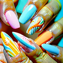 almond summer style for vacation with beachy elements and sea animals consistung of french tips and pastel yellow, pastel orange, pastel pink, and pastel blue
