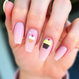 A crisp, detailed close-up photo of a teenager's hand showing off a fresh manicure. The nails are short, almond-shaped with a sheer milky pink base. Must incorporate 14 and cupcakes. Birthday nails. Must be fun and have a design on every nail.