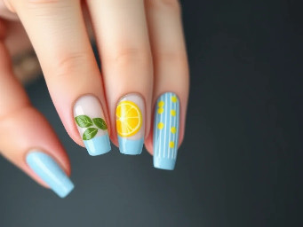 almond nails with baby blue french tips on on the middle three fingers. On the index finger, have a simple lemon with leaves slightly overlapping the blue tip. On the little finger, have the same blue as the tips for the whole nail but with some white lines down vertically down the nail and another lemon with leaves in the centre of this nail. Have the thumb nail be the same blue again but with yellow dots