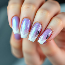 Short Ballerina Shinobu Kocho Cat Eye French Tip Nails — Elegant short ballerina-shaped nails inspired by Shinobu Kocho from Demon Slayer. Each nail features a mesmerizing magnetic cat-eye effect in an iridescent lavender-to-violet gradient with subtle hints of teal and pearl shimmer. Crisp white French tips are softly blended with delicate butterfly-wing accents outlined in black, echoing Shinobu's iconic haori pattern. Fine holographic glitter, tiny rhinestones, and subtle chrome details add a magical touch, while the overall look remains delicate, feminine, and sophisticated with a glossy salon-quality finish. The design captures Shinobu's graceful, ethereal aesthetic with a modern cat-eye French manicure.