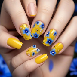 easy yellow nails with blue flowers on short nails. no french tip or nude base coat. easy flowers like dots