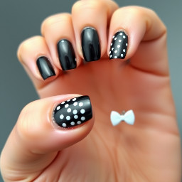 FIRST NAIL: Black French Tip SECOND NAIL: All Black Nail THRID NAIL: Black French Tip With White Polka Dots On The French Tip FOURTH NAIL: All Black With White Polka Dots FIFTH NAIL: Black French Tip With Small White Bow