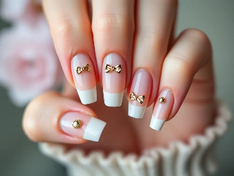 Coquette ballerina nails with french tips and bow charms