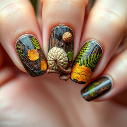 Rich earthy browns, deep greens, bark textures, delicate fungi, acorns, ferns, and hints of golden autumn leaves create a magical, enchanted