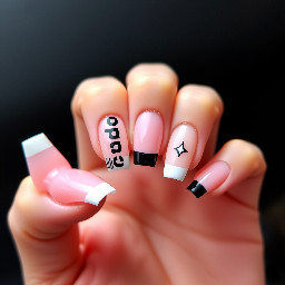 generate an image of medium acrylic nails square. don toliver inspired octane concert. I want “octane” in all caps in black vertically only on the middle finger on its own. I want the same on my other hand middle finger with “E85” in the SAME FONT as the one on the image. I want pink/nude base with white/black french tips. on the other ones i want a star on one of them and white french tips with one black french tip.