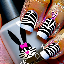 French tip with playboy bunny icon on index finger, New York Yankee symbol on middle finger, zebra French tip on thumb, pinky, and ring finger