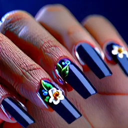 navy blue bit of crome and french tips with a simple flower for summer and acrilic