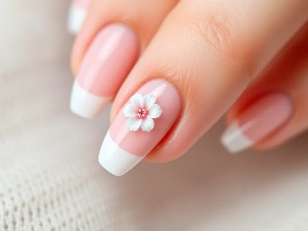 Shape: almond  Base color: light pink  Design: white french tips, 3d flower, simple little summer designs