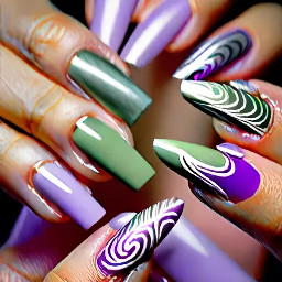 Sage green, lilac, silver, squoval shape, elegant white whisps and lilac airbrush