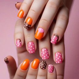 nails with a brown thumb, third finger, and pinky, second finger and fourth finger are pink. brown nails have orange polka dots and pink ones have a little orange pumpkin in the corner
