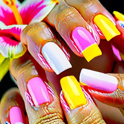 white french tips on index and middle finger a pink lilly and a light yellow lilly on the ring and thumb and one the pinky finder either light pink or light yellow