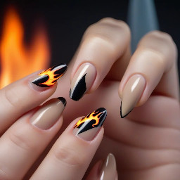 nude base with black french tip flames with letter k on middle finger