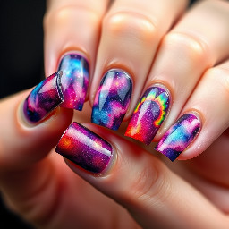 make a simpler design galaxy laser rainbow taco short medium square different design on every nail