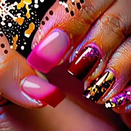 very ight pink base gradient to deep red, with golden flakes on the tips