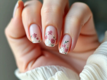 Short natural gel manicure on light pale skin that is a spring vibe and matches my white floral sequined mini dress