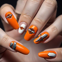 Almonds shapes orange nails with a Harley Davidson logo on the thumb a hashtag on the pointer finger and an 8 on each of the other fingers