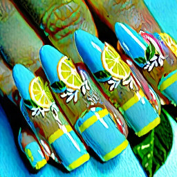 almond nails with baby blue french tips on on the middle three fingers. On the index finger, have a simple lemon with leaves slightly overlapping the blue tip. On the little finger, have the same blue as the tips for the whole nail but with some white lines down vertically down the nail and another lemon with leaves in the centre of this nail. Have the thumb nail be the same blue again but with yellow dots